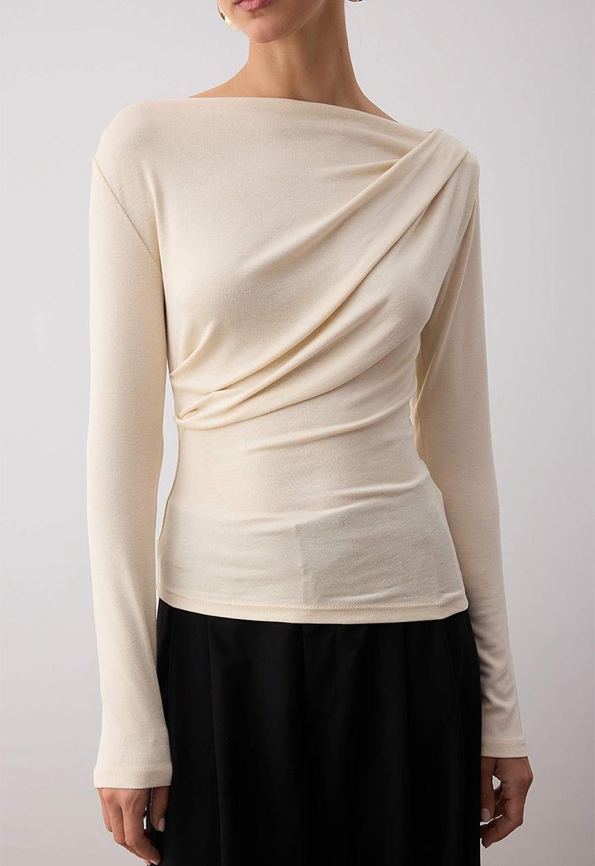 Trendyol - Fitted/Slim Fit Asymmetrical Neckline Detail Knitted Blouse - Stone
