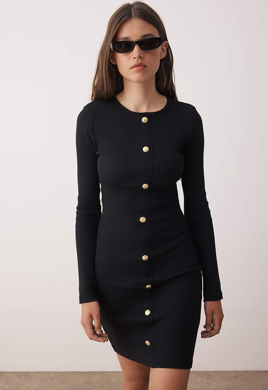 Trendyol - Mini Bodycon Knit Mock Btn Dress - Black