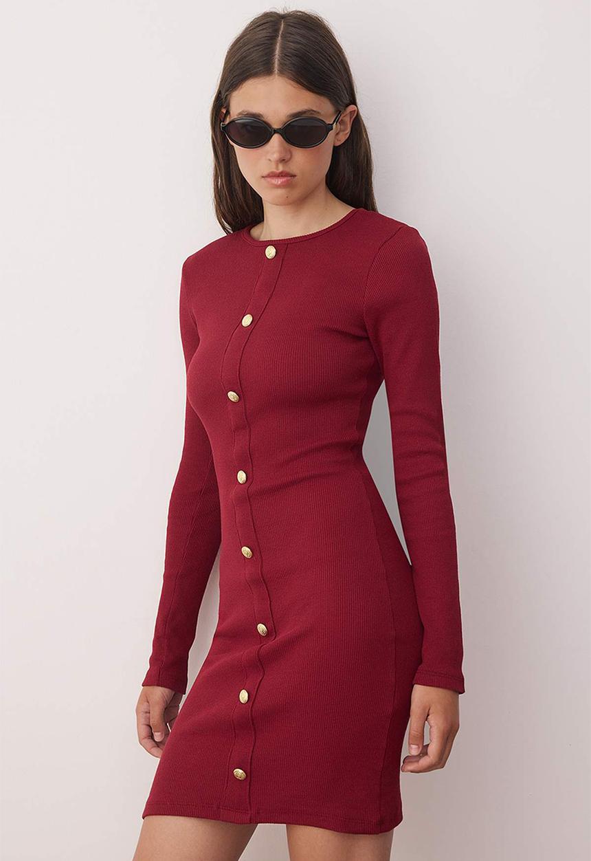 Trendyol - Mini Bodycon Knit Mock Btn Dress - Burg