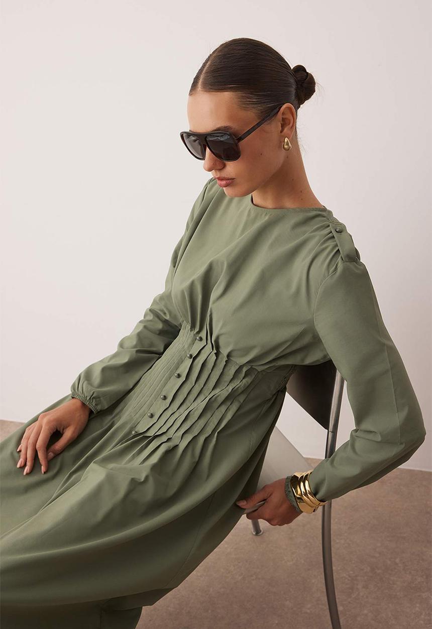 Trendyol - Maxi Gathered Waist  Woven Dress - Khaki