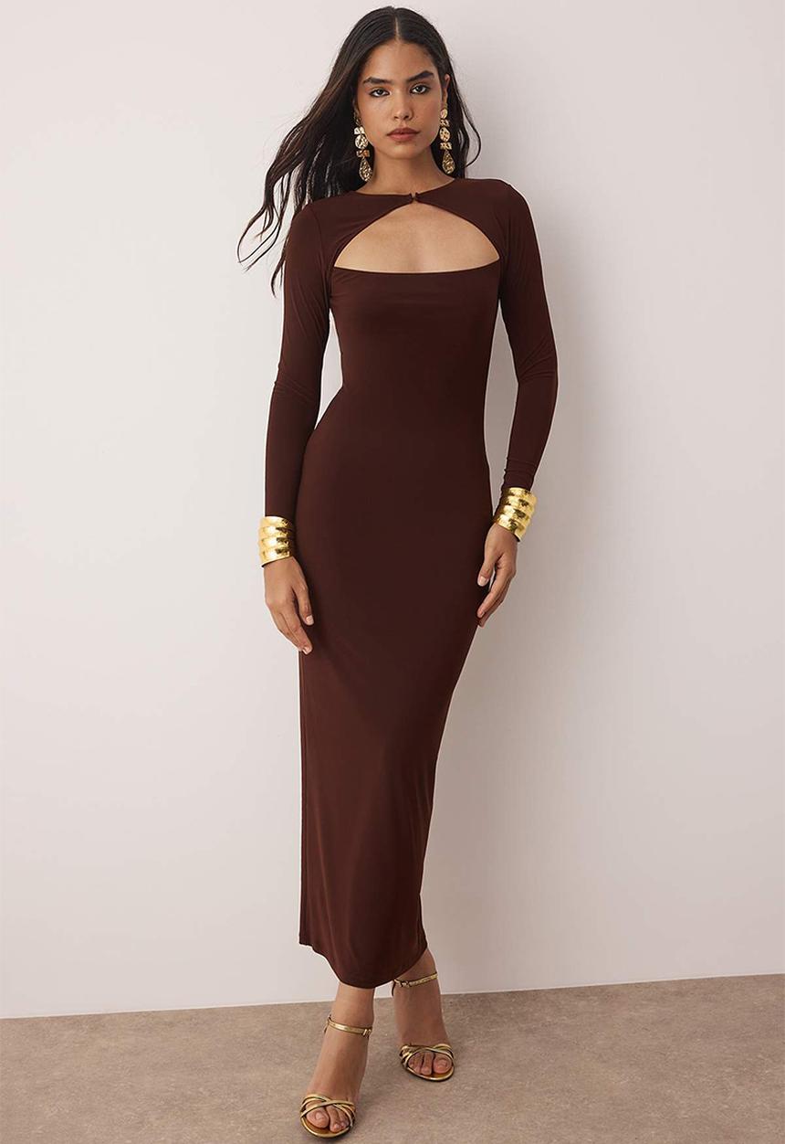 brown shoes blue dress pants Soft Knitted Ribbed Midi Bodycon Dress Long Sleeve In Brown – CYLONDON main image 0
