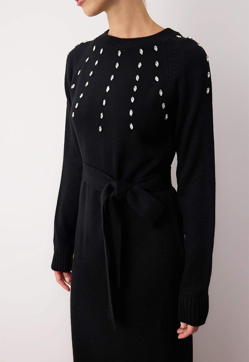 Trendyol - Maxi Round Neck Knitwear Dress - Black
