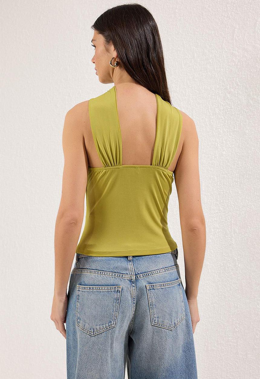 Trendyol - Accessory Detailed Gathered Stretchy Knitted Blouse - Oil Green