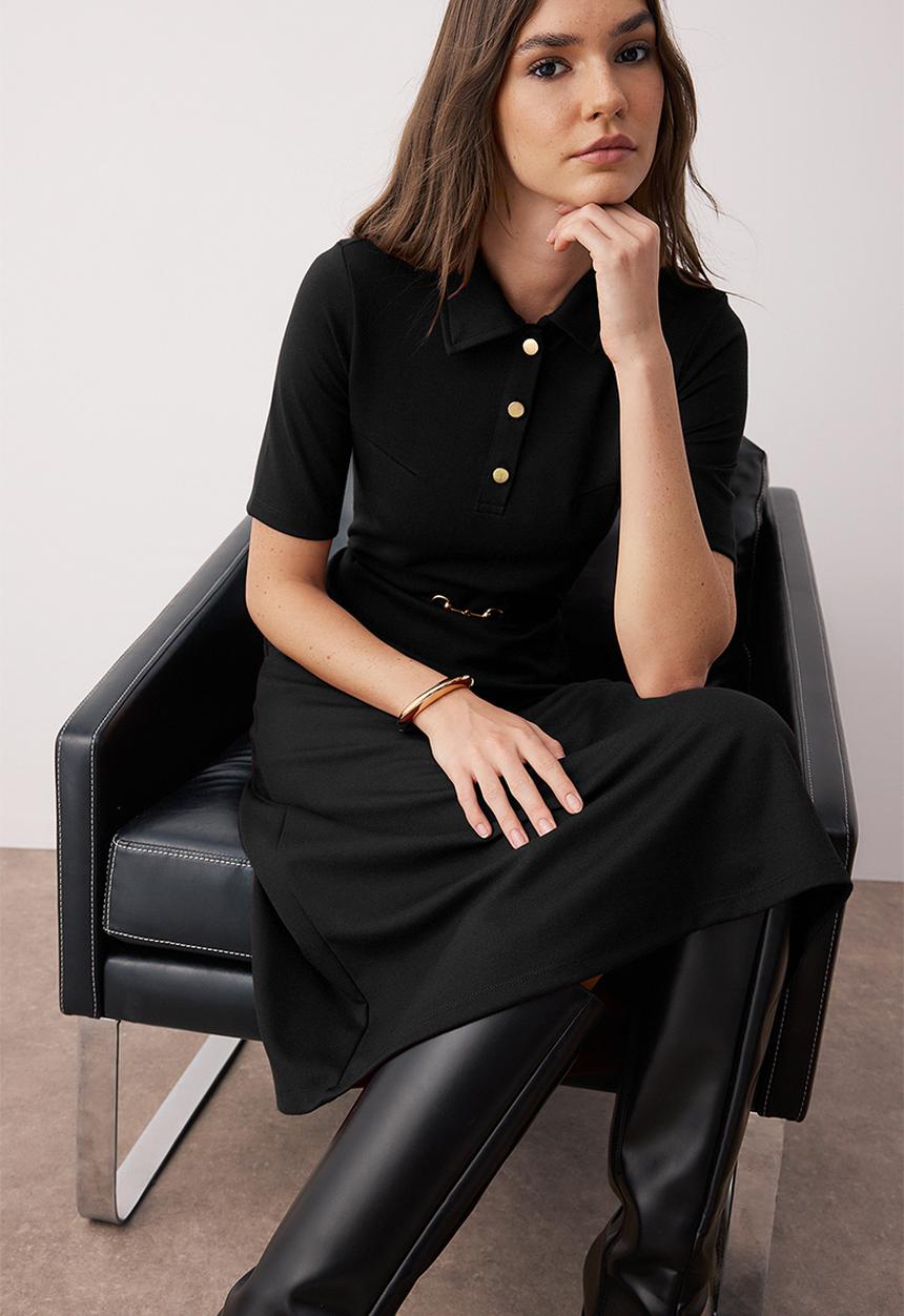 Trendyol - Midi Aline Knit Short Sleeve Dress - Black