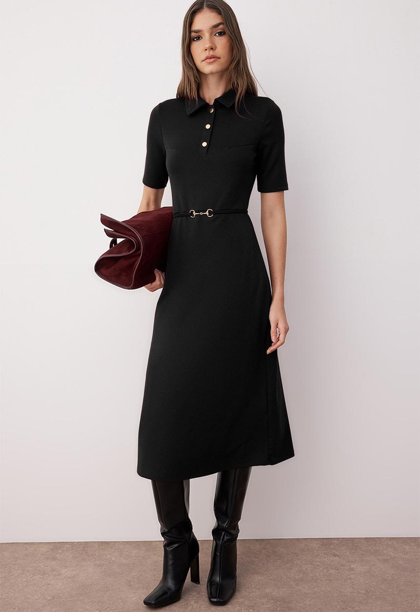 Trendyol - Midi Aline Knit Short Sleeve Dress - Black