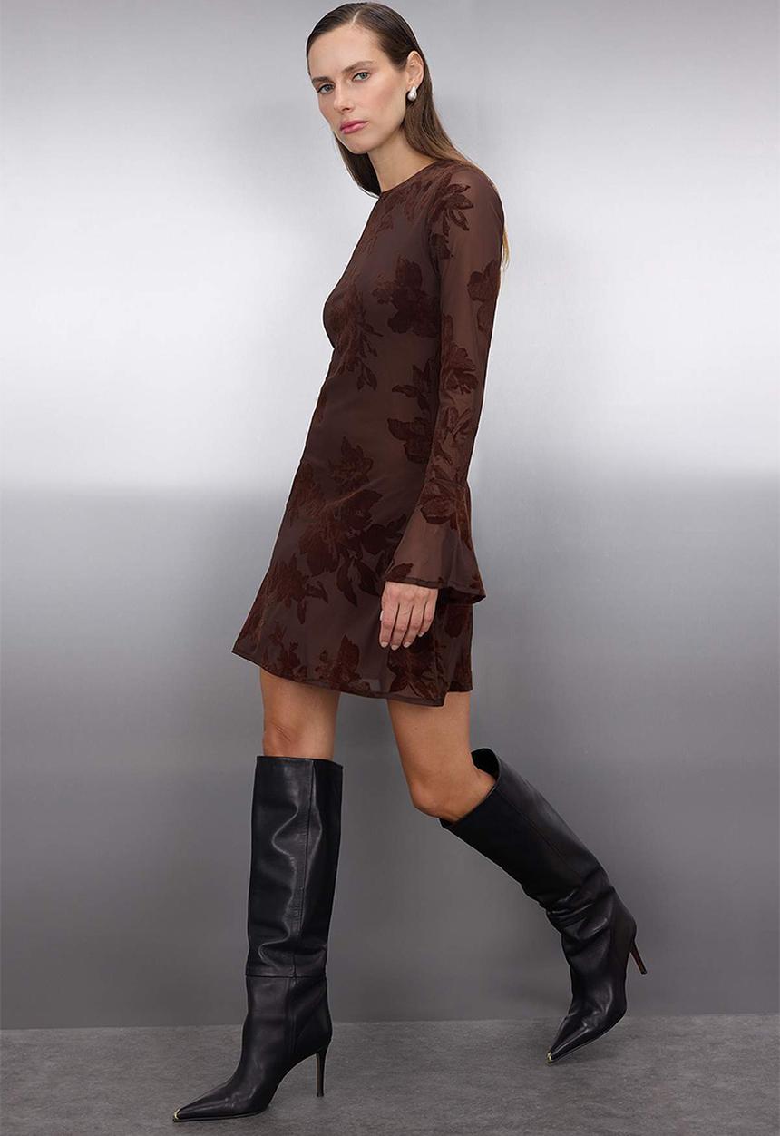 Trendyol - Mini Aline Knit Round Neck Dress - Brown