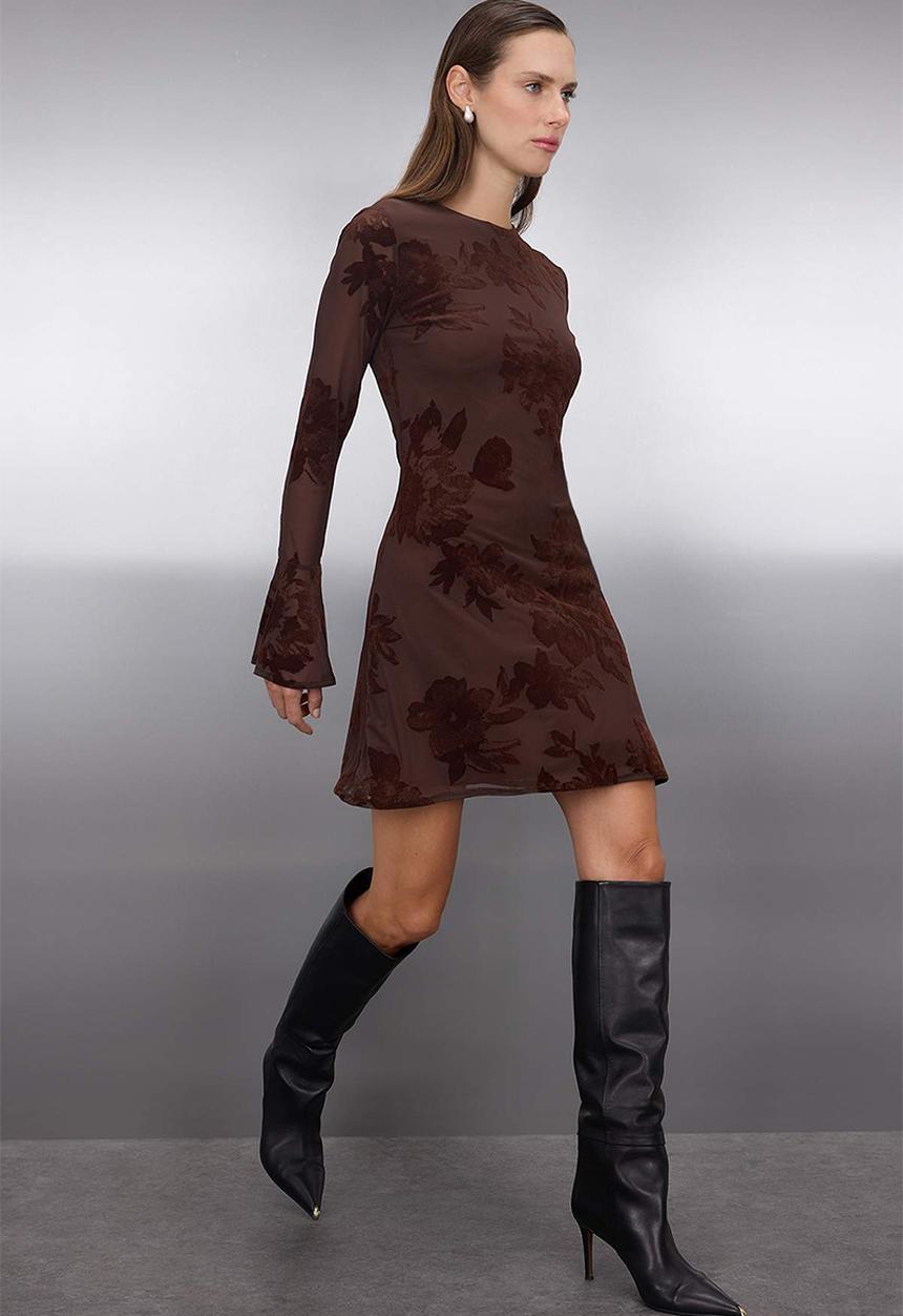 Trendyol - Mini Aline Knit Round Neck Dress - Brown