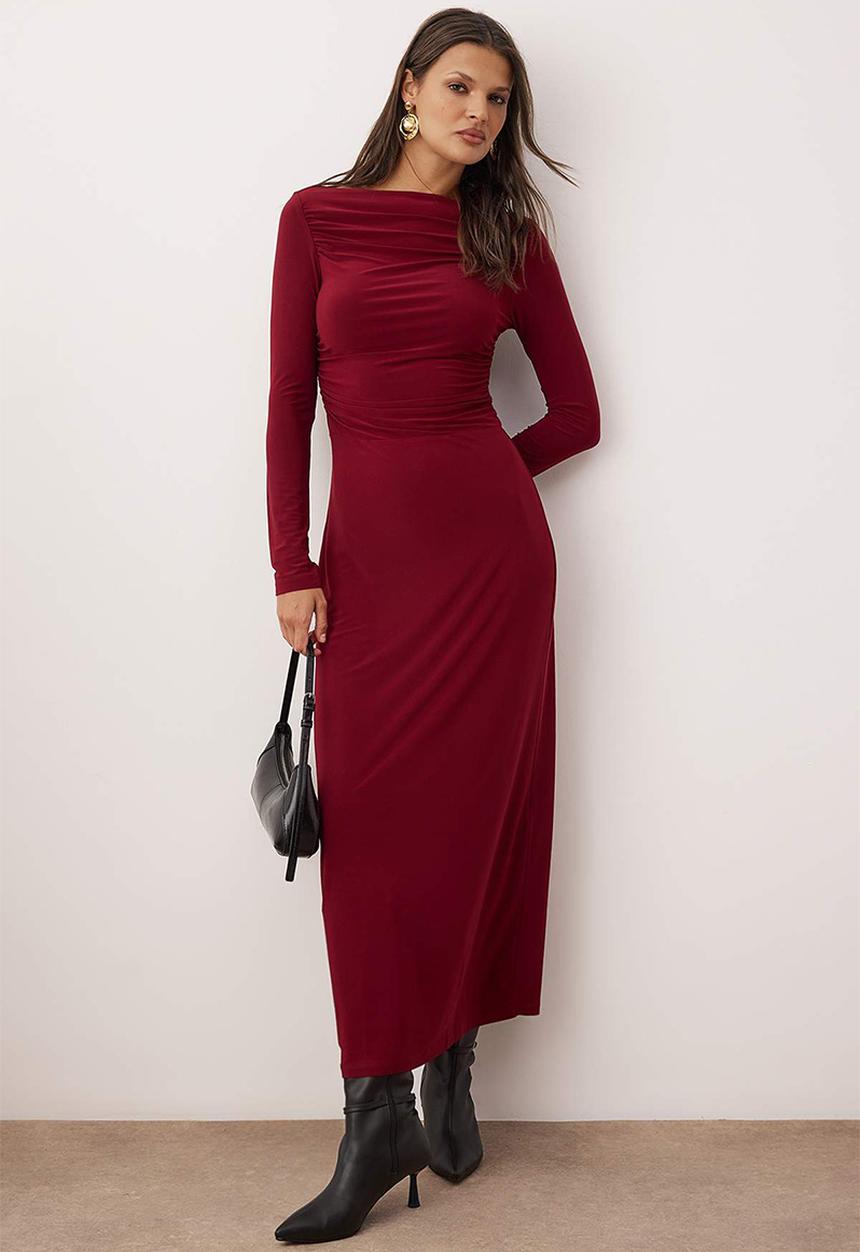 Trendyol - Midi Pencil Knit Dress - Burgundy