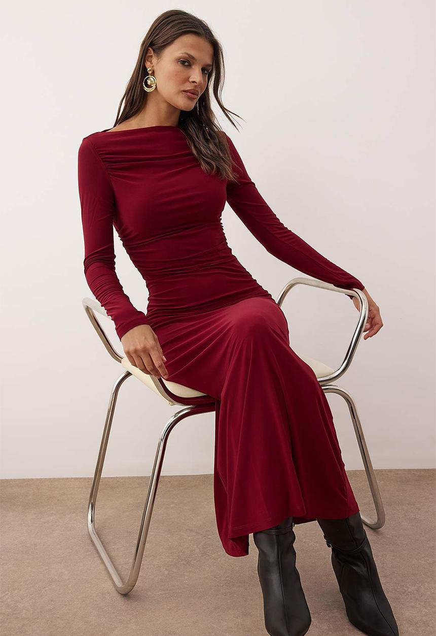 Trendyol - Midi Pencil Knit Dress - Burgundy