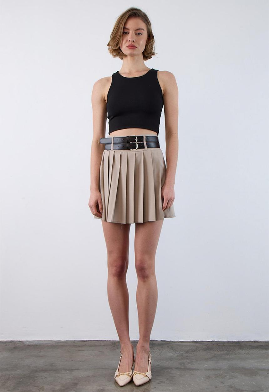 Trendyol - Double Belted Pleated Mini Woven Skirt - Stone