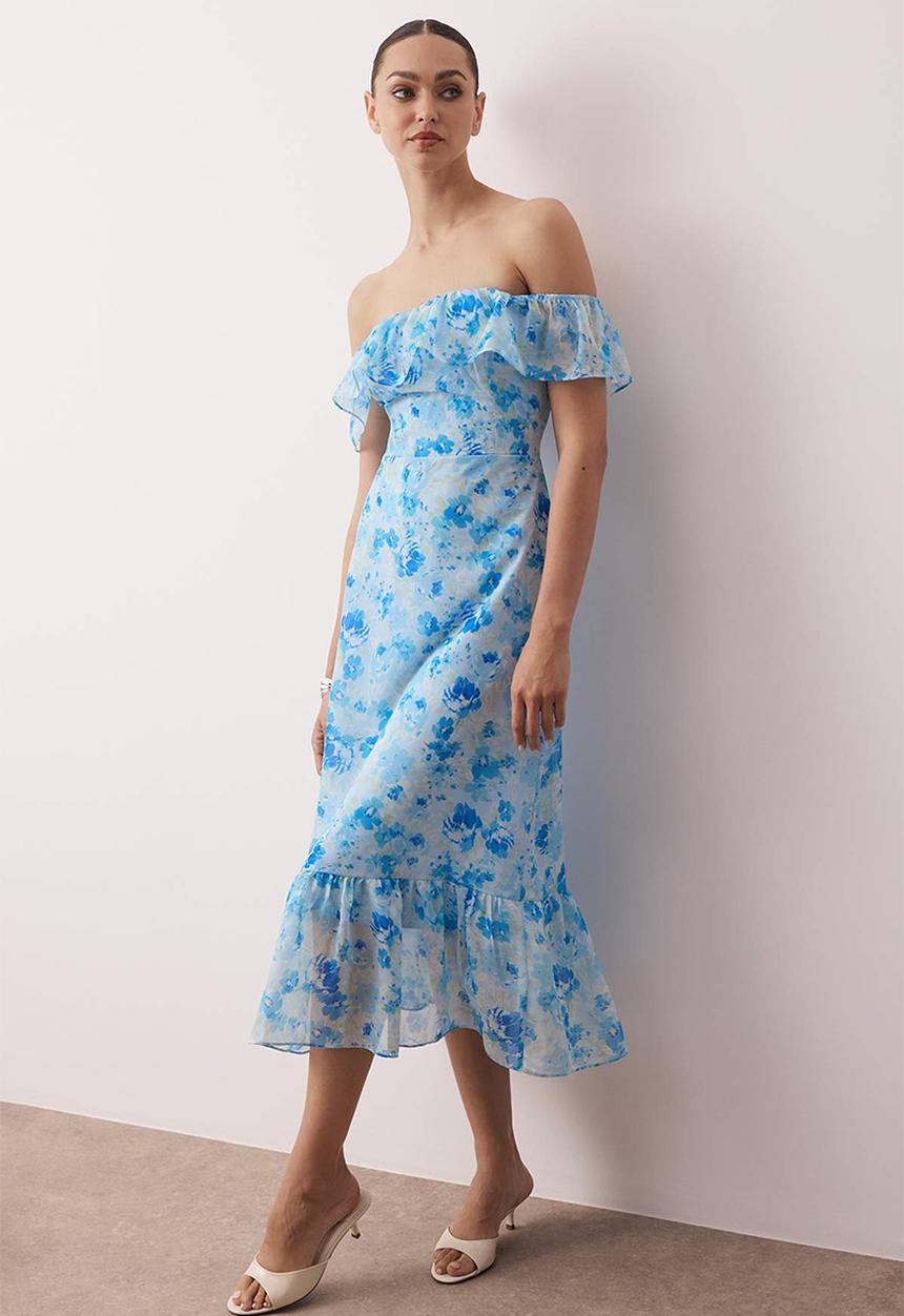 Trendyol - Midi Aline Woven Dress - Floral Blue