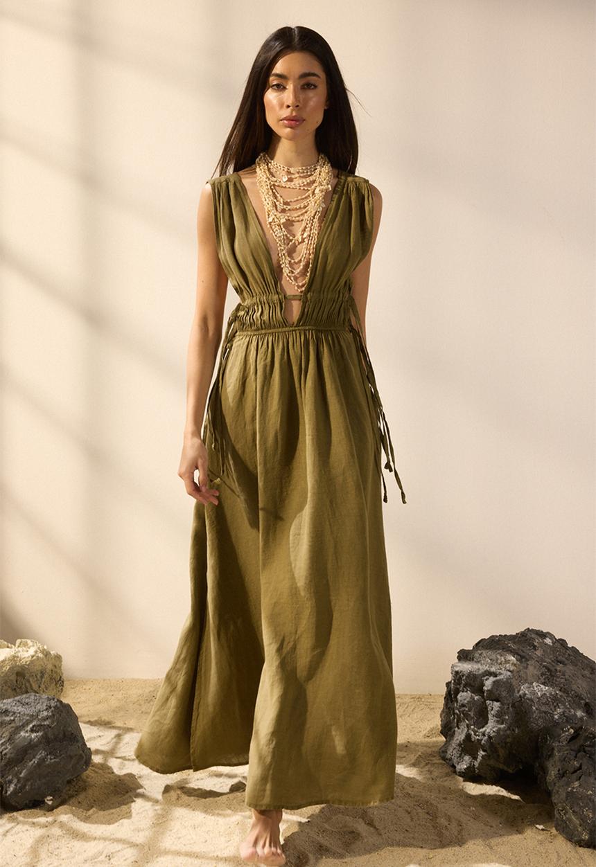 Trendyol - Maxi Sleeveless V Neck Woven Dress - Khaki