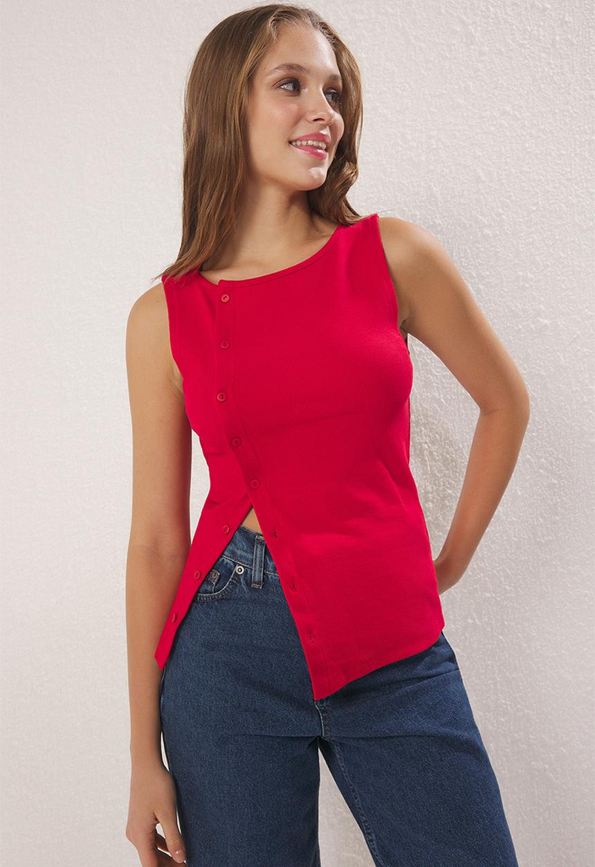 Trendyol - Button Asymmetrical Fitted/Slim Fit Ribbed Stretch Knit Blouse - Red