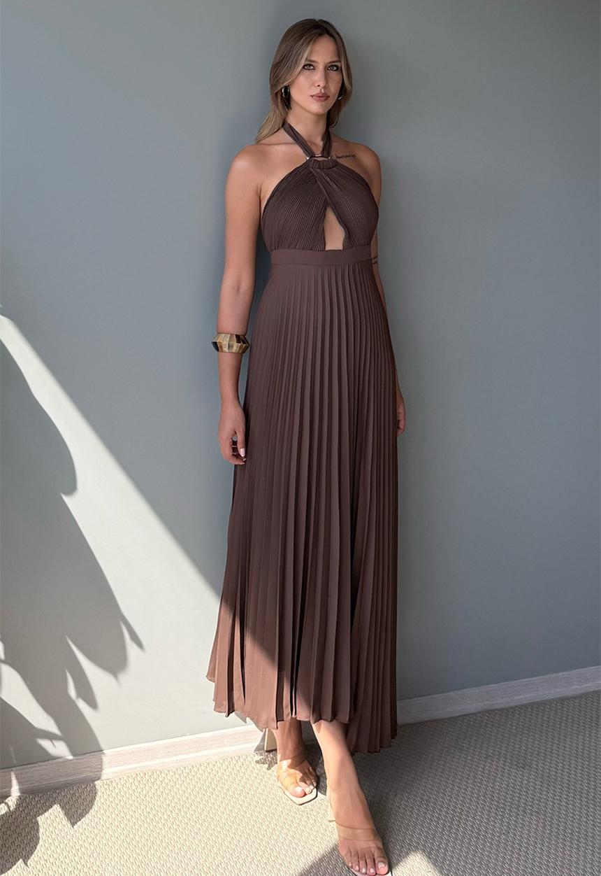 Trendyol - Maxi Woven Tied Neck Dress - Brown