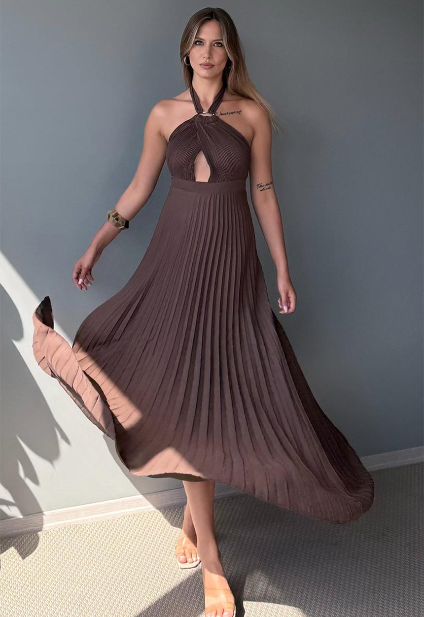 Trendyol - Maxi Woven Tied Neck Dress - Brown