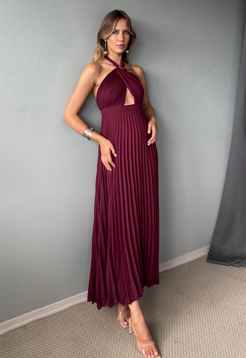 Trendyol - Maxi Woven Tied Dress - Burgundy