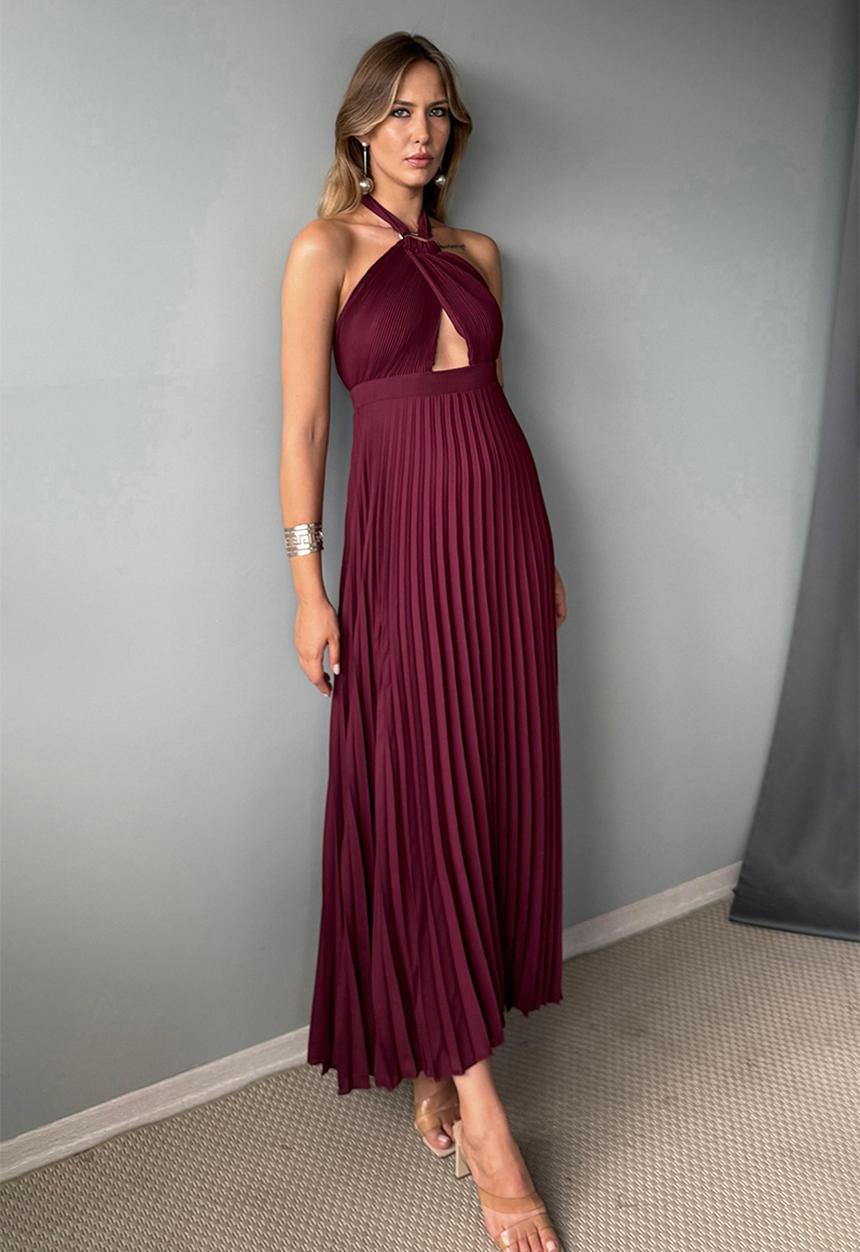 Trendyol - Maxi Woven Tied Dress - Burgundy