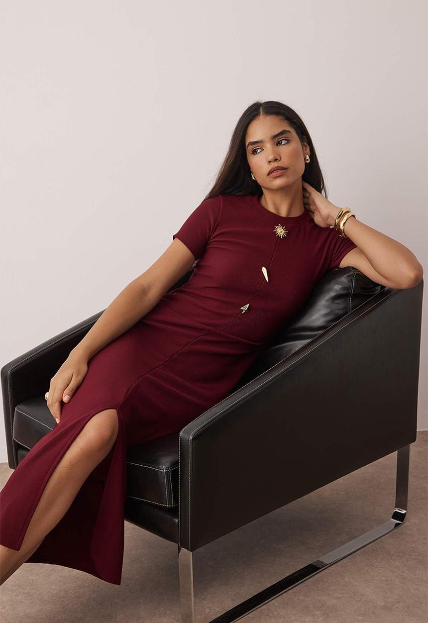 Trendyol - Midi Bodycon Knit Round Neck dress - Burg