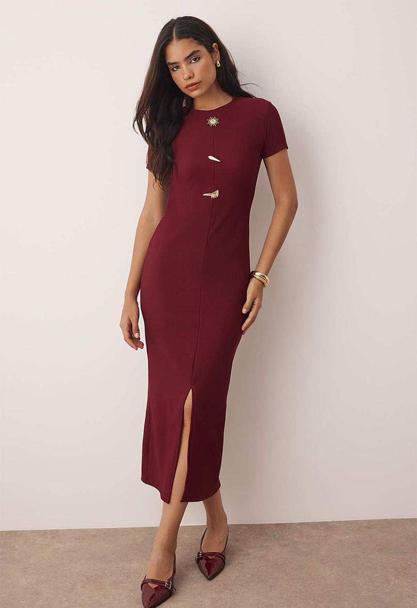 Trendyol - Midi Bodycon Knit Round Neck dress - Burg