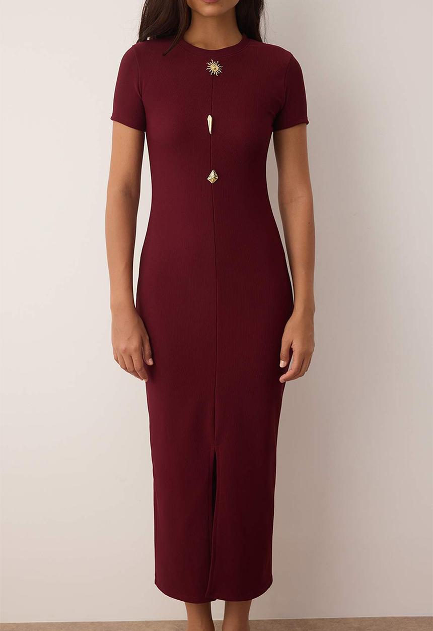 Trendyol - Midi Bodycon Knit Round Neck dress - Burg