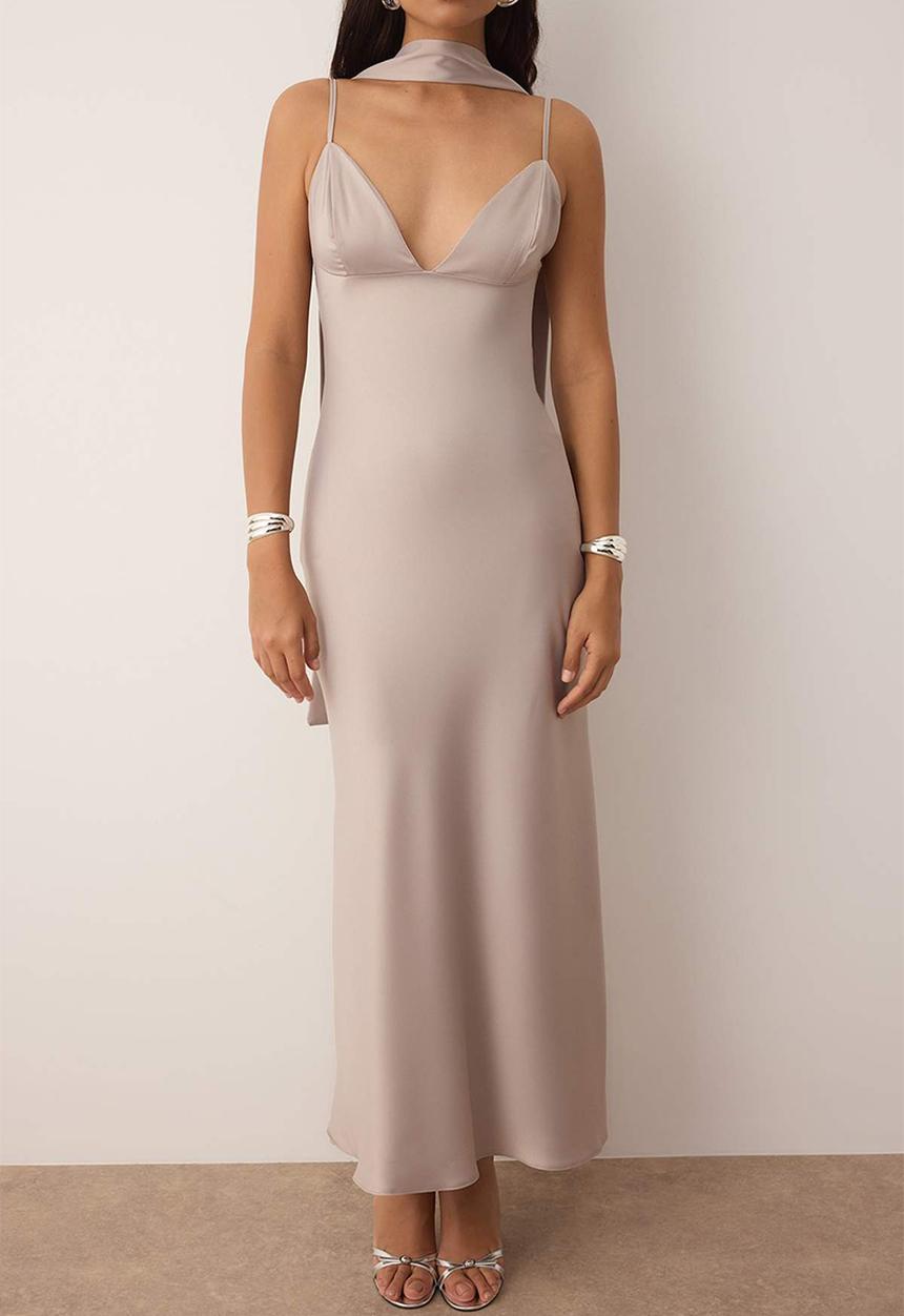 Trendyol - Maxi Woven Deep V Dress - Grey