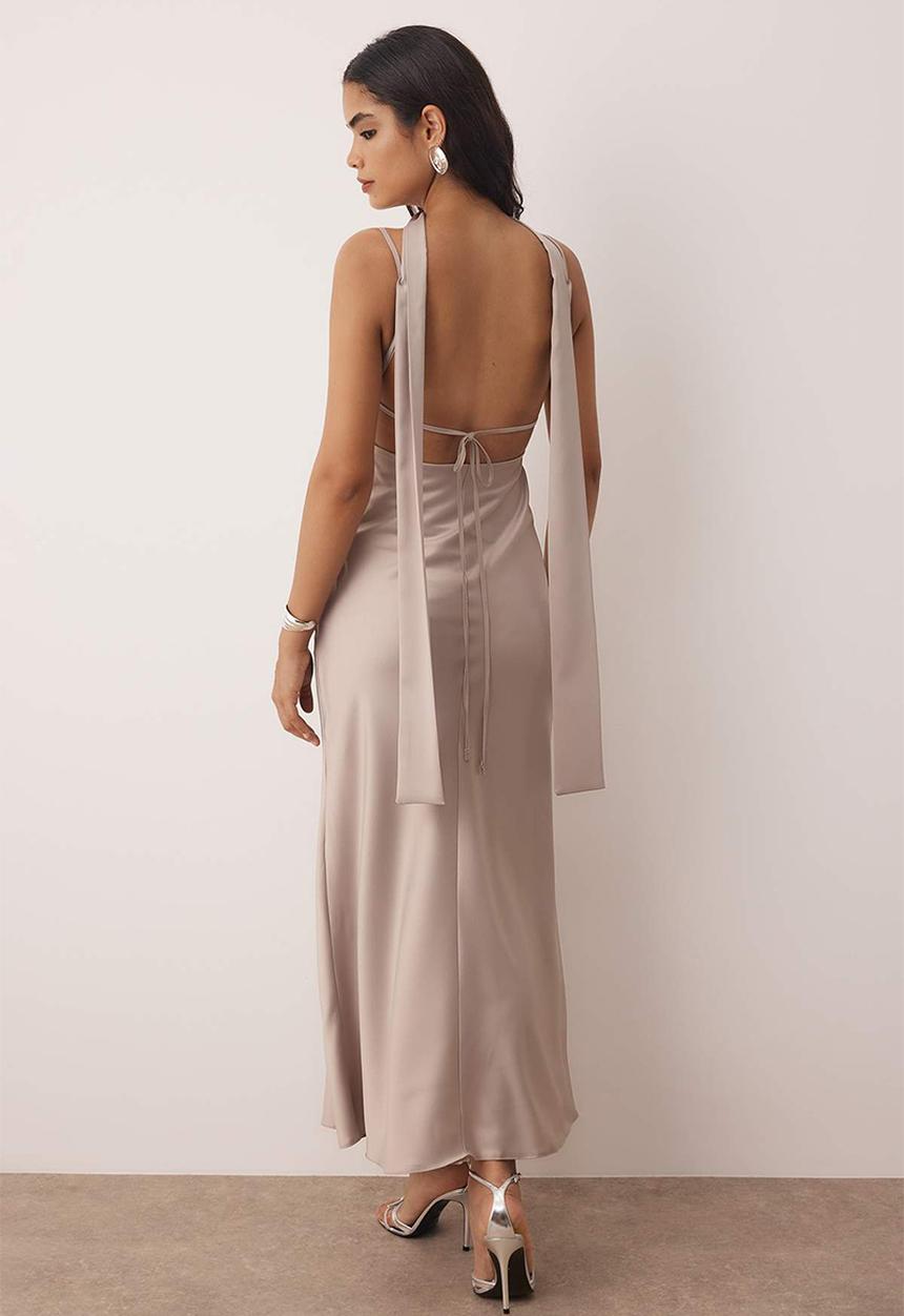 Trendyol - Maxi Woven Deep V Dress - Grey