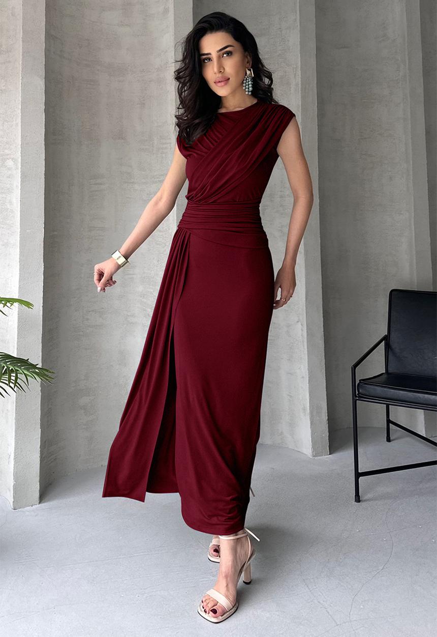 Trendyol - Maxi Woven Wrap Dress - Burgundy
