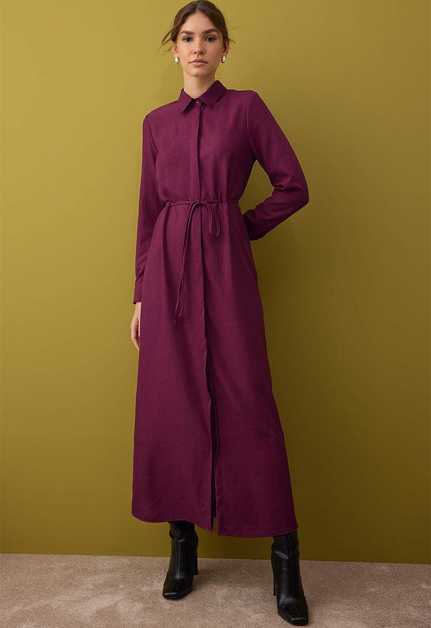 Trendyol - Midi Woven Shirt Dress - Burgundy