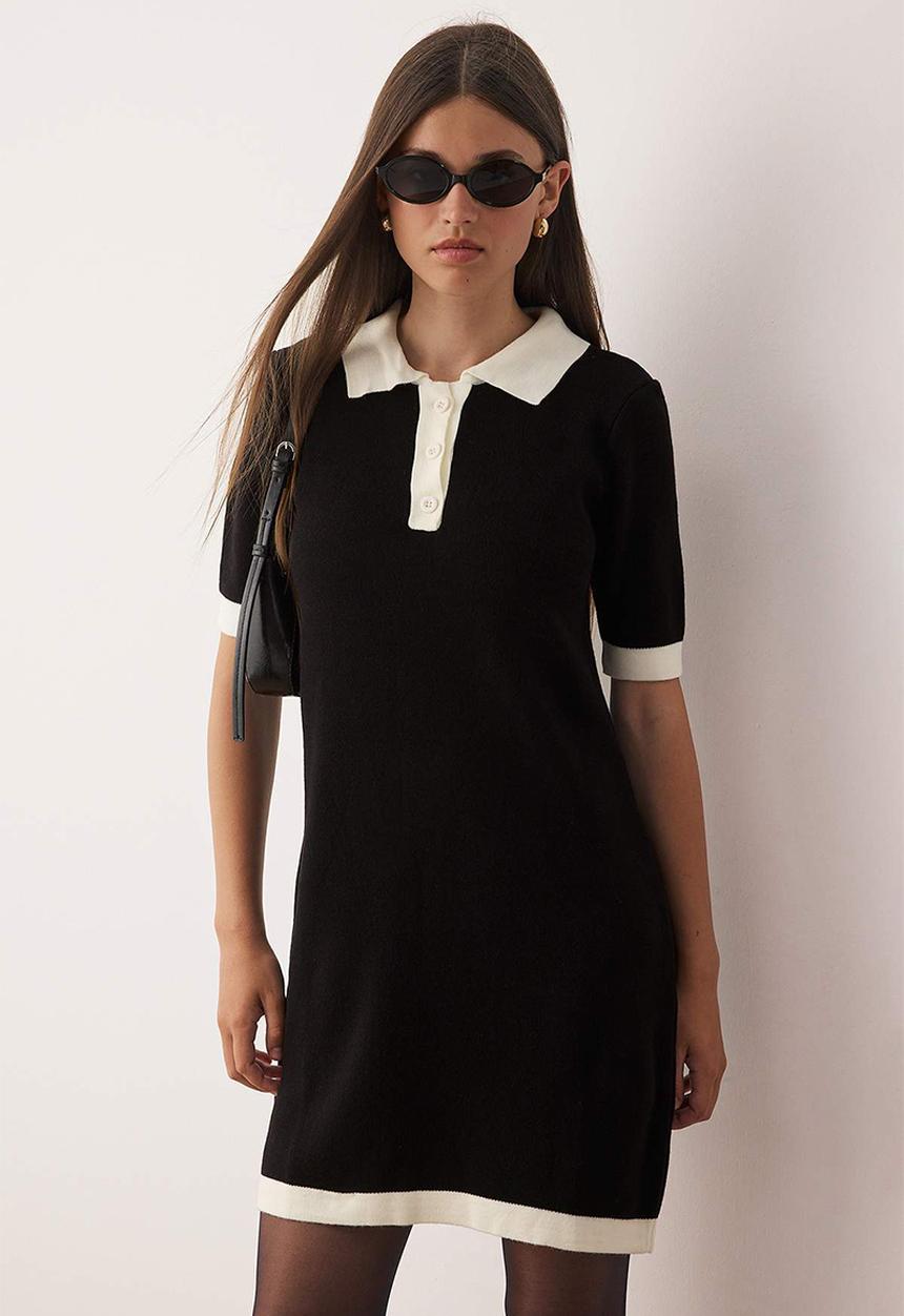 ミストレアス Side Volume Contrast Collar Dress Mini Straight Knitwear Contrast Collar Dress - Black