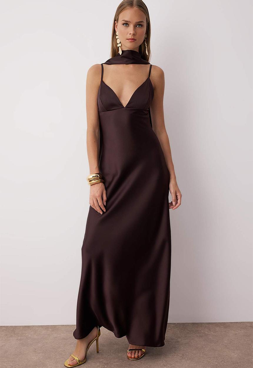 cotton dresses for plus size 32981 Long Straight Cut Dress with Zigzag Pattern – Brown Loft main image 1