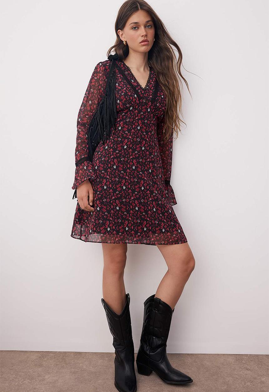 Trendyol - Mini Aline Woven Vee Dress - Floral Burg