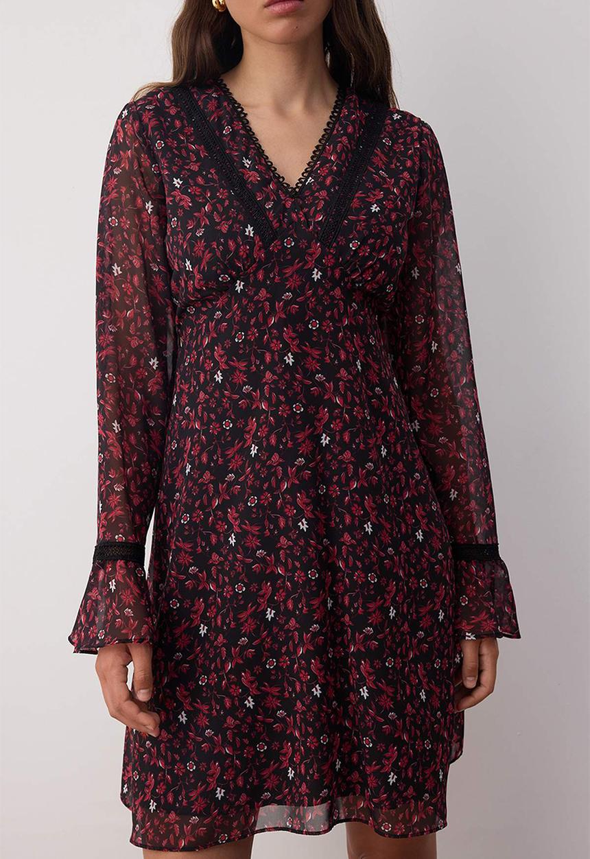 Trendyol - Mini Aline Woven Vee Dress - Floral Burg