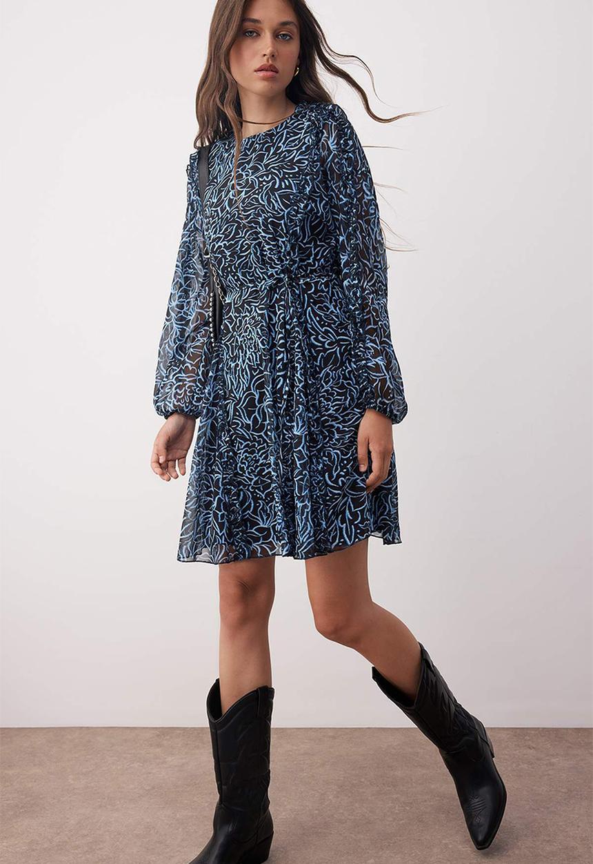 Trendyol - Mini Aline Woven Frilled Dress - Floral Blue