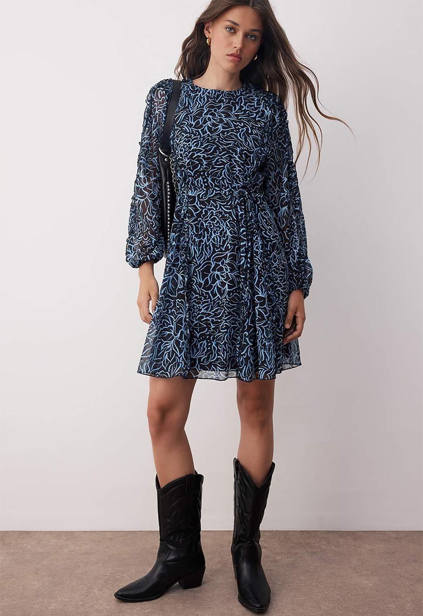 Trendyol - Mini Aline Woven Frilled Dress - Floral Blue