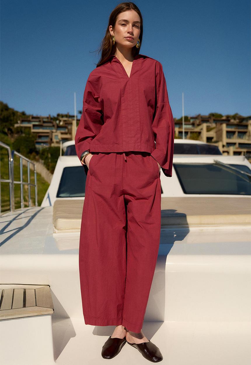 Trendyol - Premium Fabric Woven Blouse Pants Bottom Top Set - Bordeaux