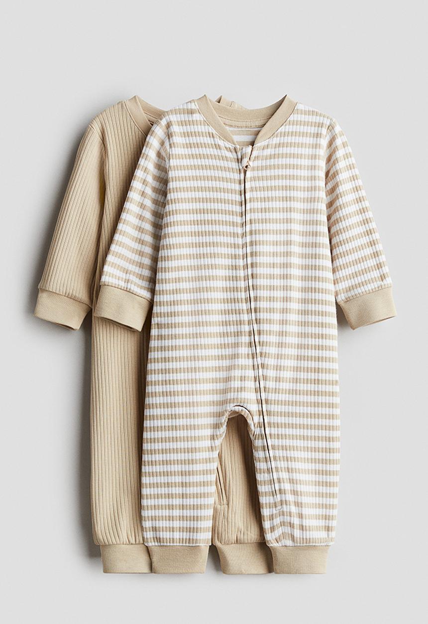 H&M - 2-Pack cotton sleepsuits - light beige & white striped