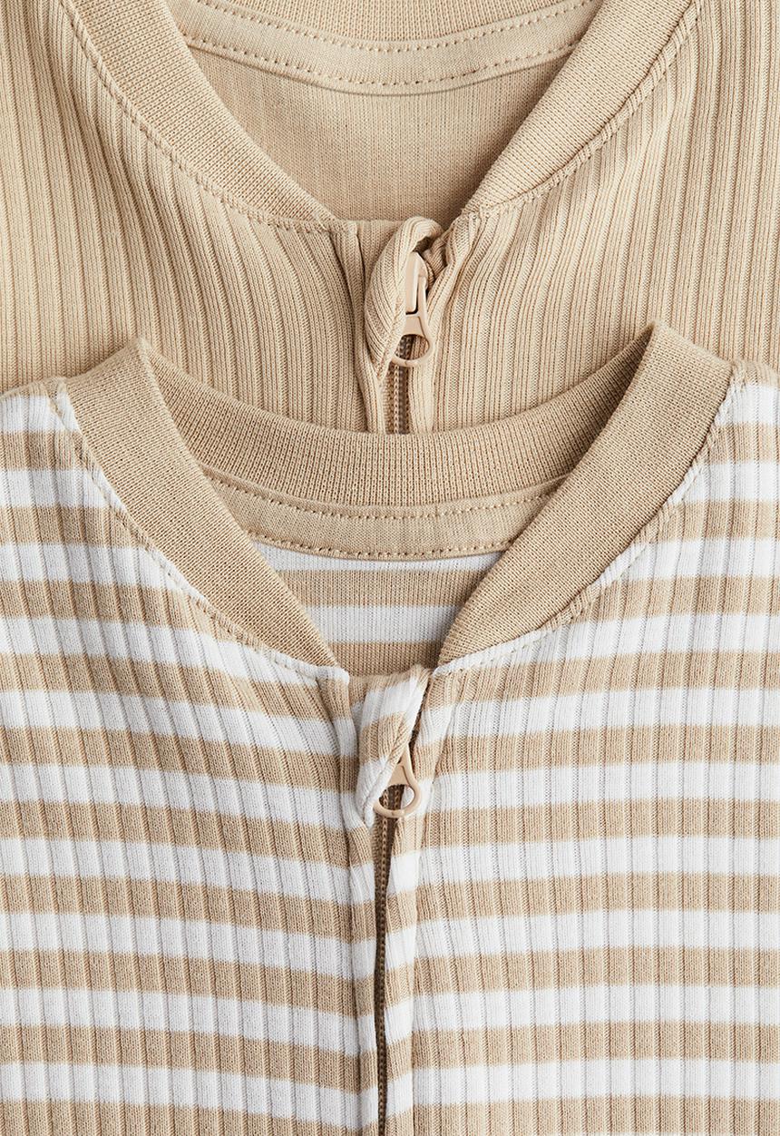 H&M - 2-Pack cotton sleepsuits - light beige & white striped