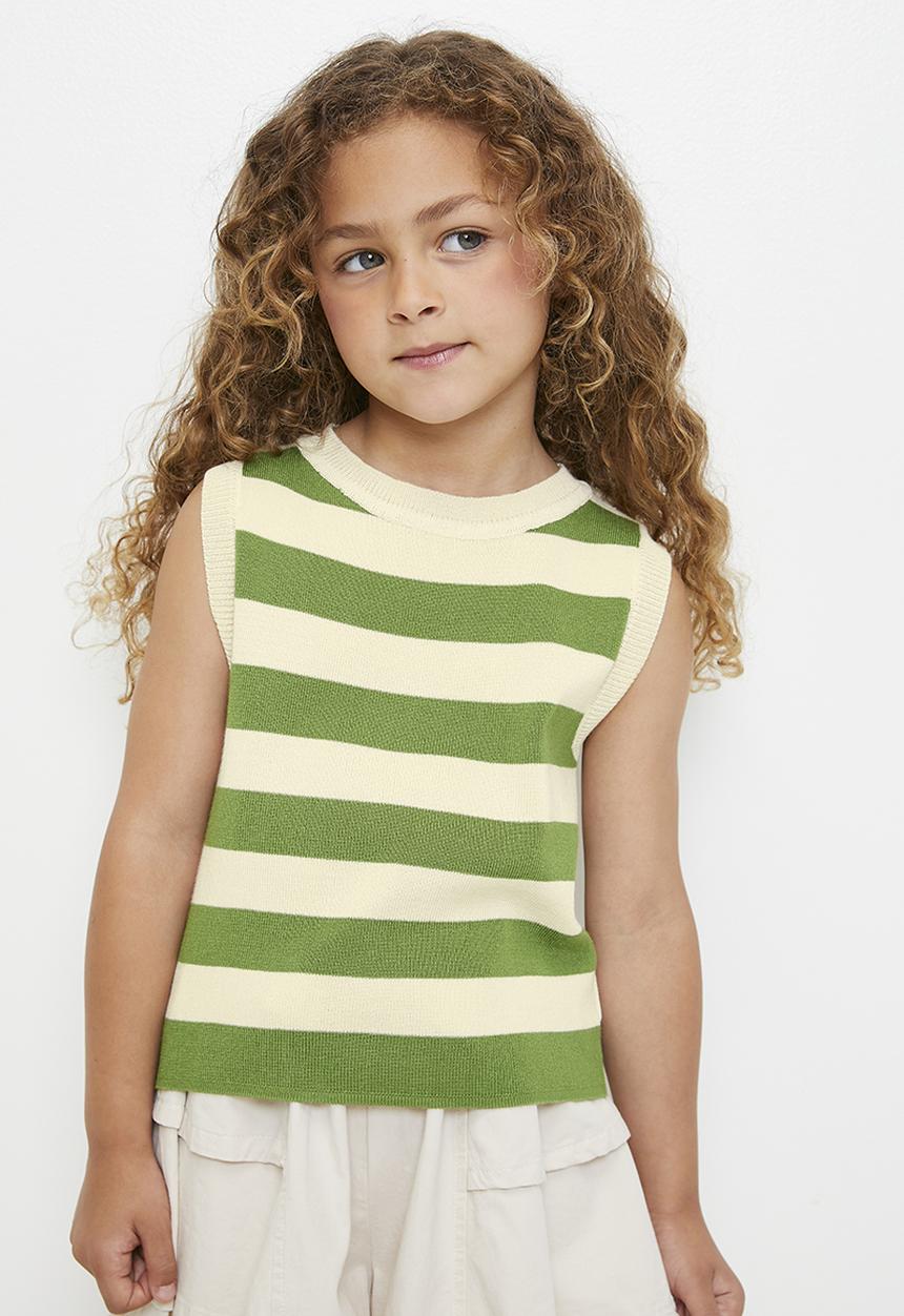 Pop Candy - Awning striped lightweight knit vest - green/beige