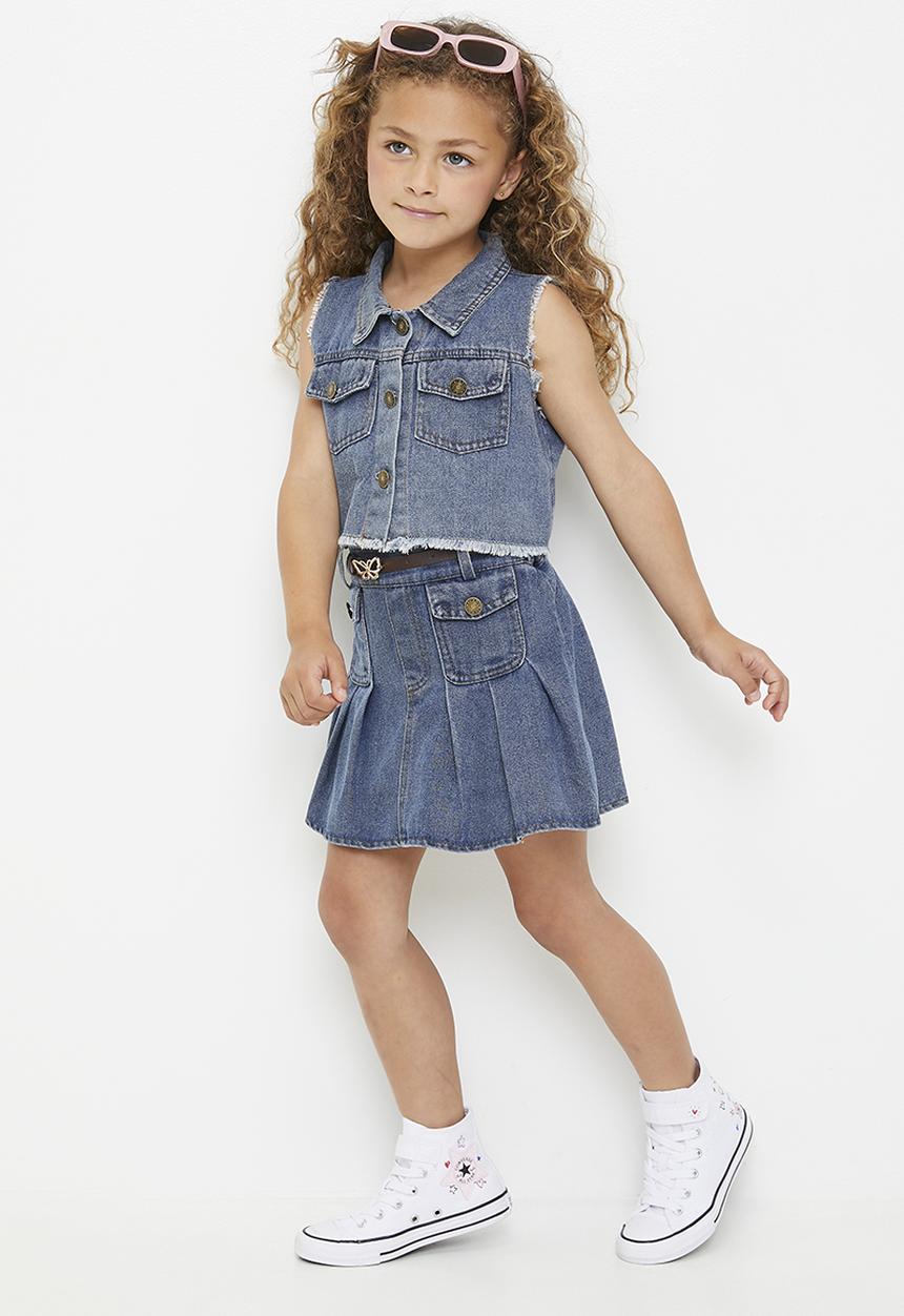 Pop Candy - Frayed denim vest with pleated skirt - blue