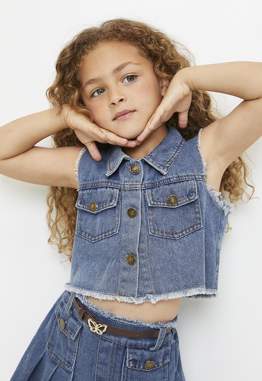 Pop Candy - Frayed denim vest with pleated skirt - blue