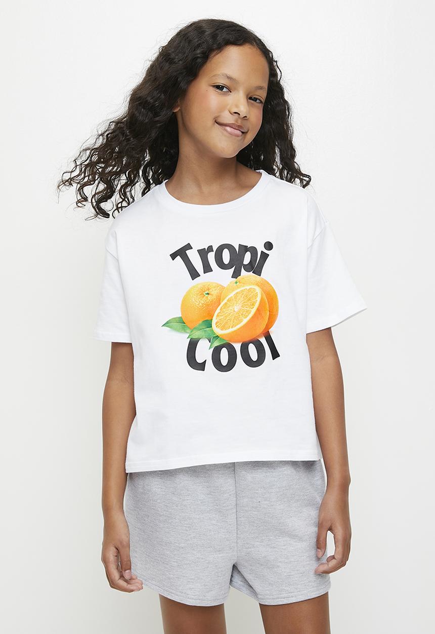 Pop Candy - Tropi cool placement print tee with shorts - white/grey