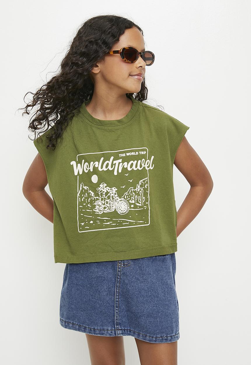 Pop Candy - Dropped shoulder placement print tee - olive green/world travel