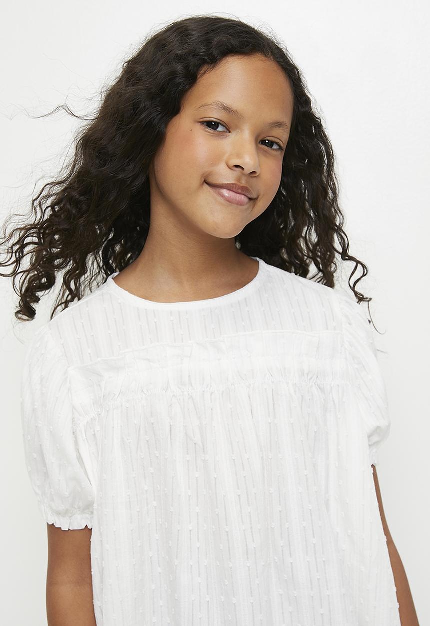 Pop Candy - Textured blouse with frayed wide leg 3/4 jeans - white/blue