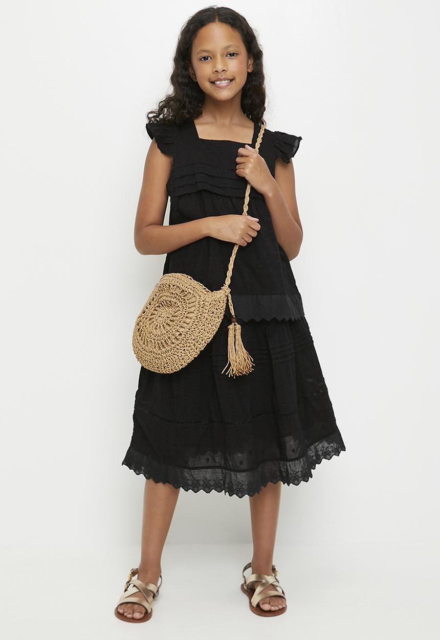 Pop Candy - Textured blouse & skirt with pin tuck detail and anglaise hem - black