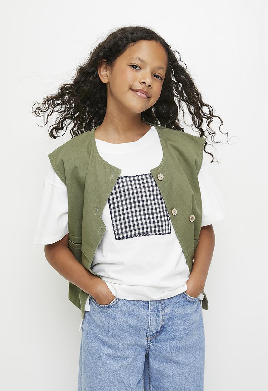 Pop Candy - Stylised button closure vest with square patch tee - green/white