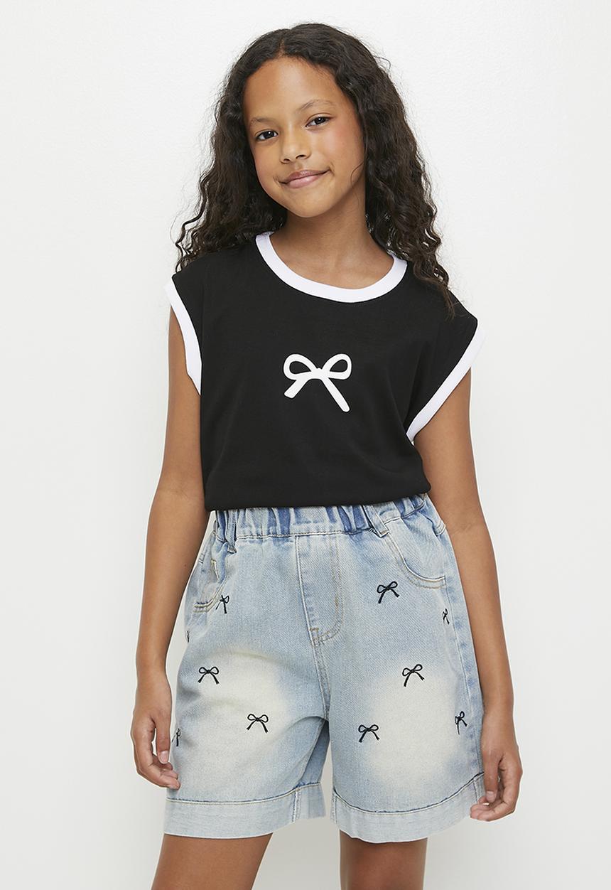 Pop Candy - Embroidered bow turn up shorts - light blue
