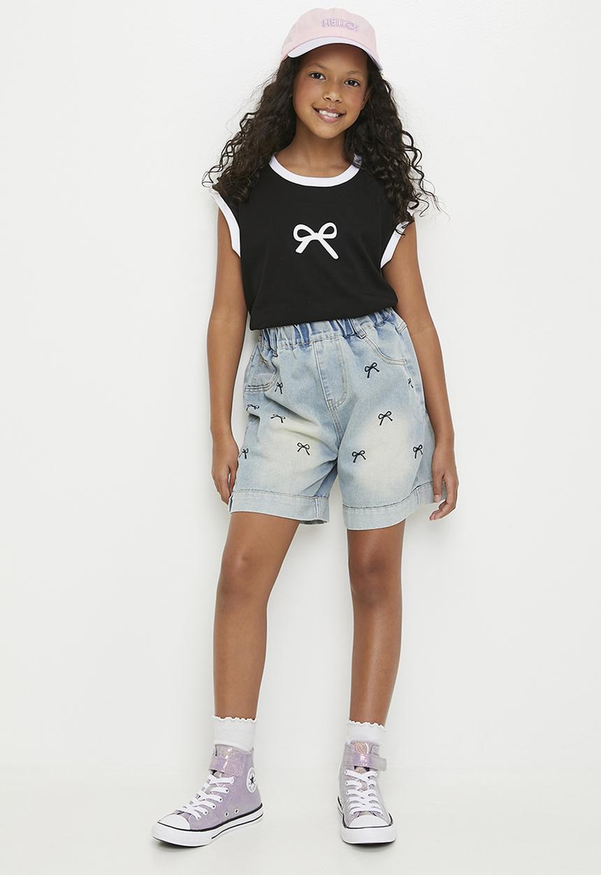 Pop Candy - Embroidered bow turn up shorts - light blue