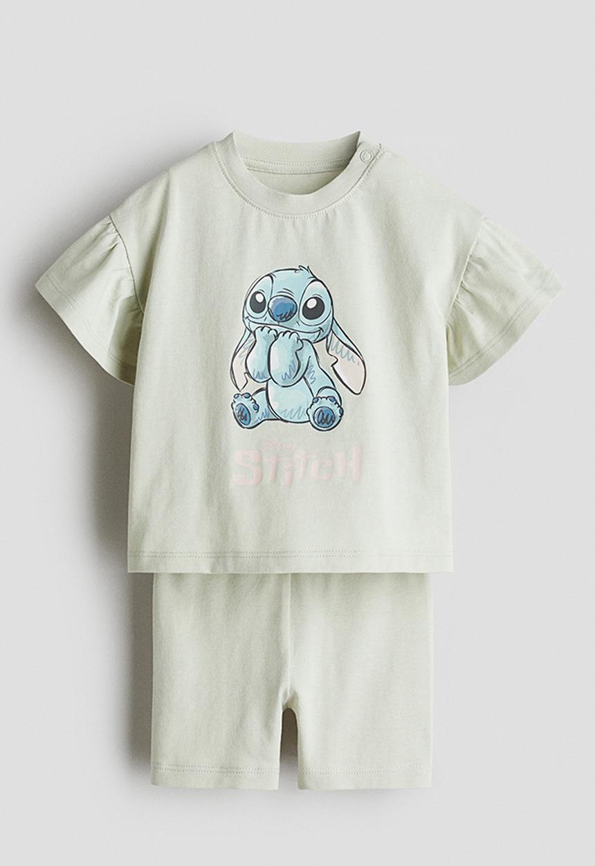 H&M - 2-piece printed cotton set - dusty green/lilo & stitch