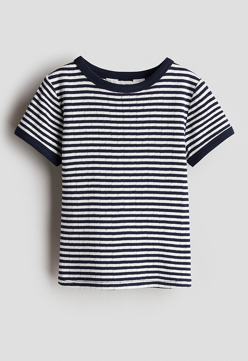 H&M - Short-sleeved pointelle jersey top - navy blue/striped 