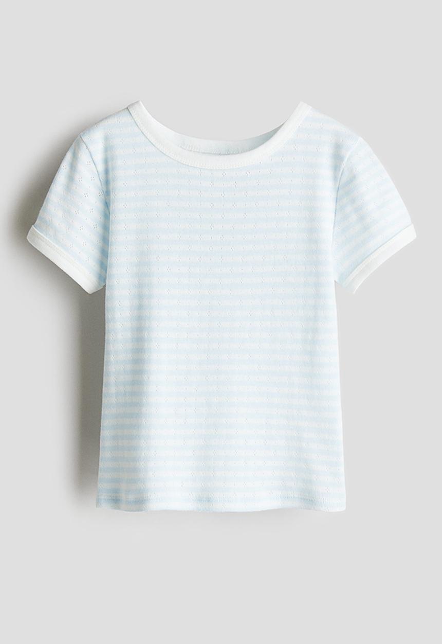 H&M - Short-sleeved pointelle jersey top -light blue/striped 